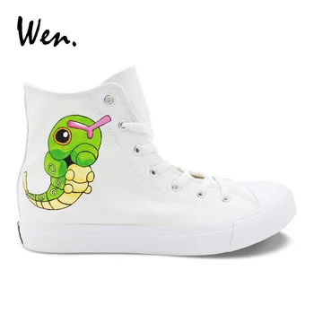 

Wen Hand Painted Shoes Pocket Monster Caterpie Pokemon Anime Design White High Top Canvas Sneakers Boy Girl Espadrilles Flat