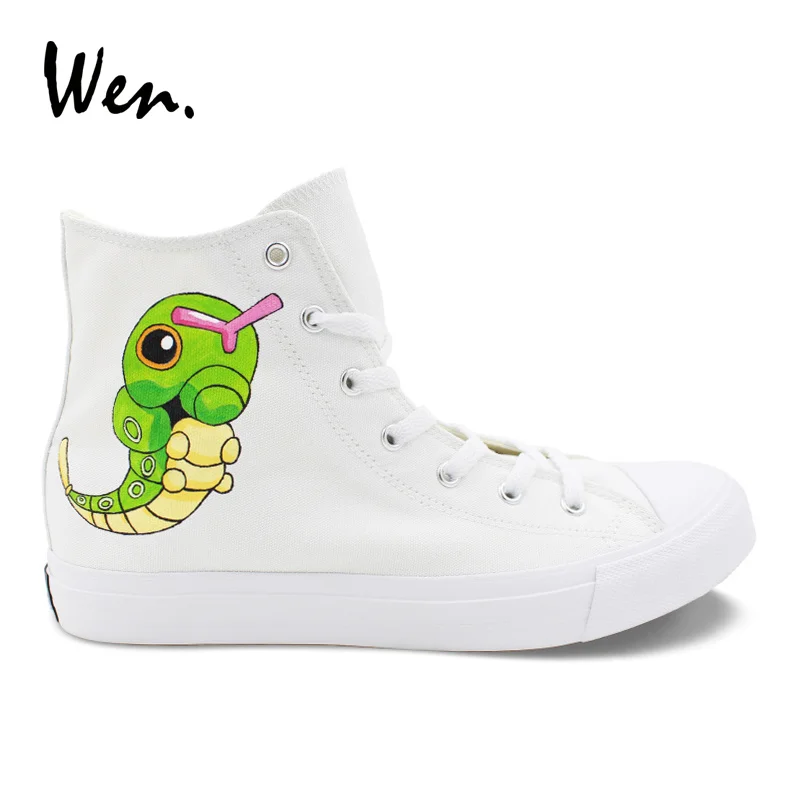 Wen Handgeschilderde Schoenen Pocket Monster Caterpie Pokemon Anime Ontwerp White High Top Canvas Sneakers Jongen Meisje Espadrilles Platte Wen Handgeschilderde Schoenen Pocket Monster Caterpie Pokemon Anime Ontwerp White High Top Canvas Sneakers Jongen Meisje Espadrilles Platte