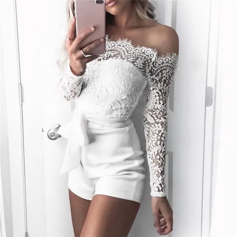 

Women Off Shoulder Sexy Playsuits Fashion Summer Lace Patchwork Long Sleeve Hollow Out Bandage Skinny Romper