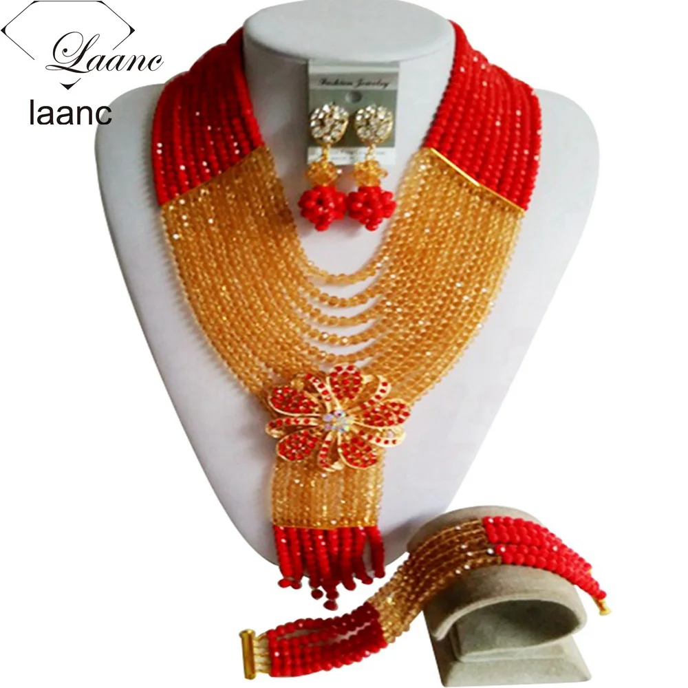 

Fashion gold champagne and Opaque red Crystal Necklaces Nigerian African wedding Beads Jewelry Set Free shippingLZ484