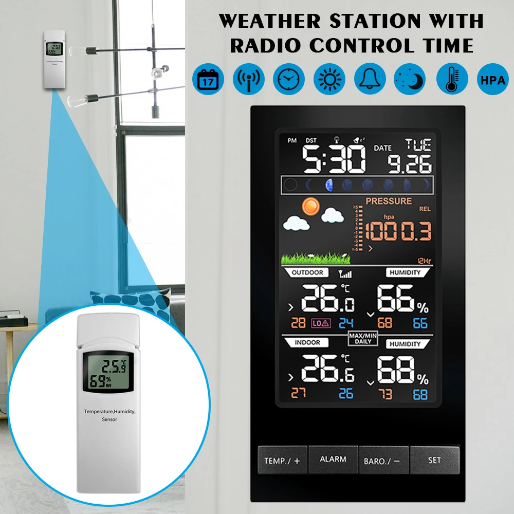Weather Station Temperature Humidity Wireless Sensor Colorful LCD Display With Barometer Weather Forecast Radio Control Time Weather Station Temperature Humidity Wireless Sensor Colorful LCD Display With Barometer Weather Forecast Radio Control Time