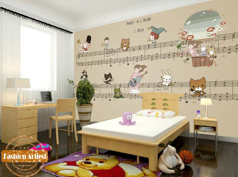 

Custom cartoon music staff kids girls wallpaper mural Minuet in G Major children kindergarden sofa bedroom living room cafe bar