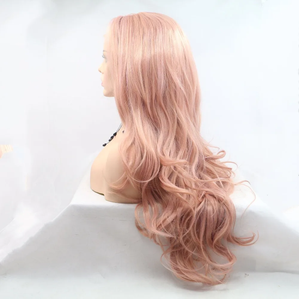 Marquesha длинные волнистые высокотемпературные волокна синтетические кружева спереди персиковый розовый парик для женщин розовое золото Замена Парик