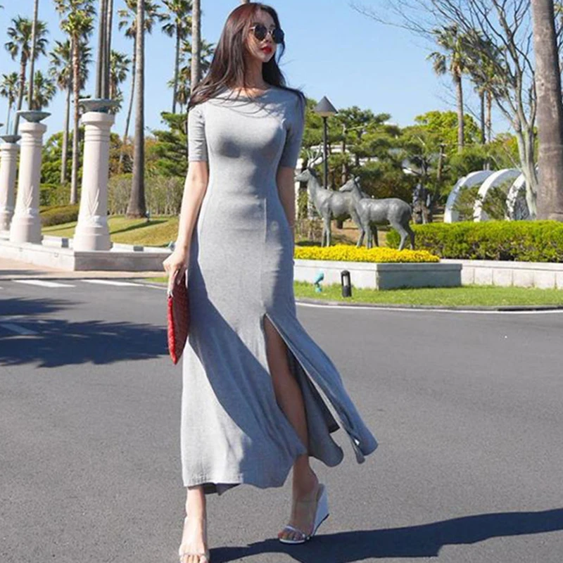 

HAMALIEL New Fashion Summer Long Split Dress Chic Women Cotton Short Sleeve Bodycon Slim Sexy Dress Elegant Swing Elastic Dress