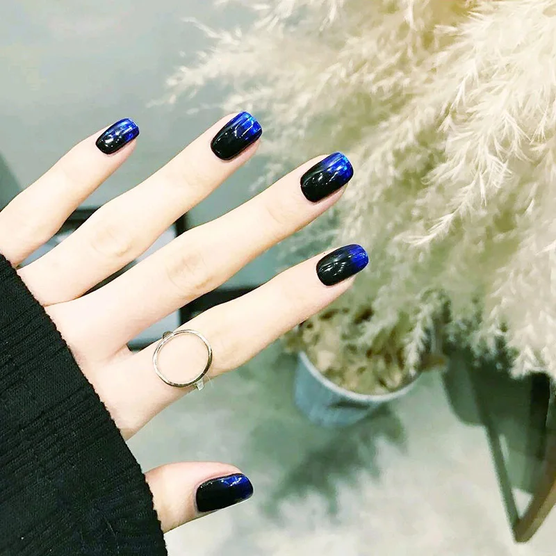 

DIY 24pcs/set False Nail Tips Black Blue Gradient Color Design Lady Fake Nails Size Full Nail Tips Manicure Tool TN