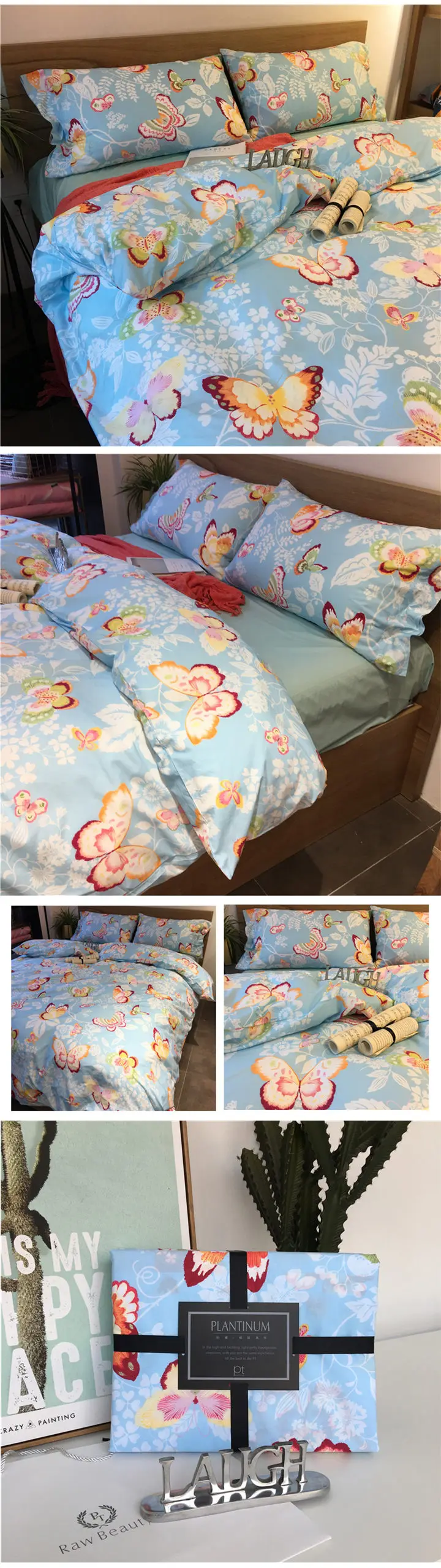 cotton bedding set queen size 4pcs tribute satin bed sheet reactive printing Butterfly flowers duvet cover bed linen 4