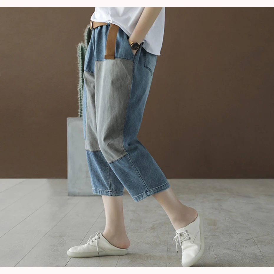 

Women Jeans Denim Straight Pants Capri Retro Vintage Casual for Summer Big Loose Plus Size Elastic Waist Patchwork AZ39272127