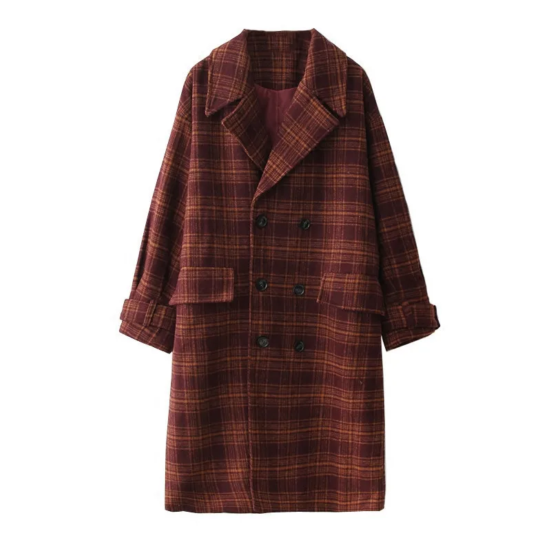 Женское шерстяное клетчатое пальто осень зима винтажные теплые шерстяные куртки женские свободные длинные шерстяные пальто большого размера