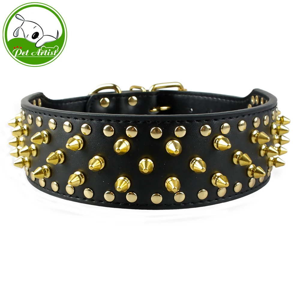 2 Inch Wide Golden Spiked Leather Dog Collar For Medium Large Dogsin