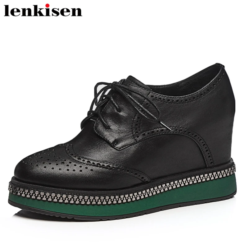 

Lenkisen Korean girl round toe lace up full grain leather zipper bordered super high bottom party shopping women cozy pumps L13