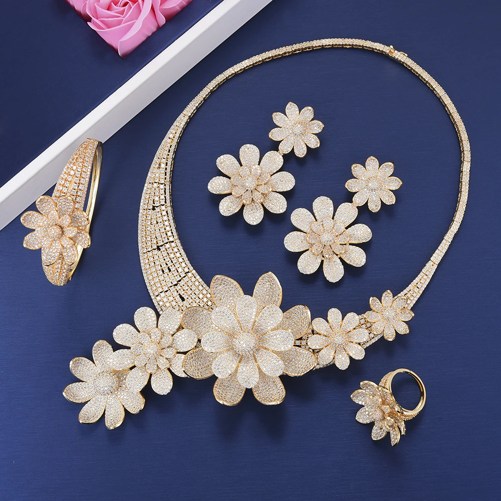 

missvikki Luxury Blooming Flowers Bangle Earring Necklace Ring Jewelry Set For Women Engagement Stage Performance Party