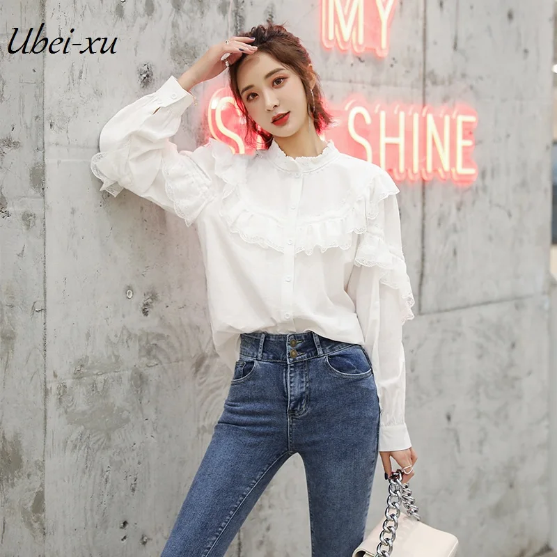 

Ubei New style temperament lace stitching small collar shirt flounce white joker shirt