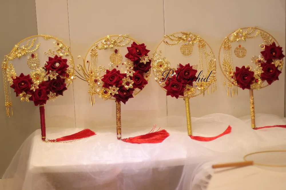 PEORCHID Винтаж красное золото букет невесты Китайский традиционные круглые дворец ручной вентилятор для Свадебный Свадебные цветы