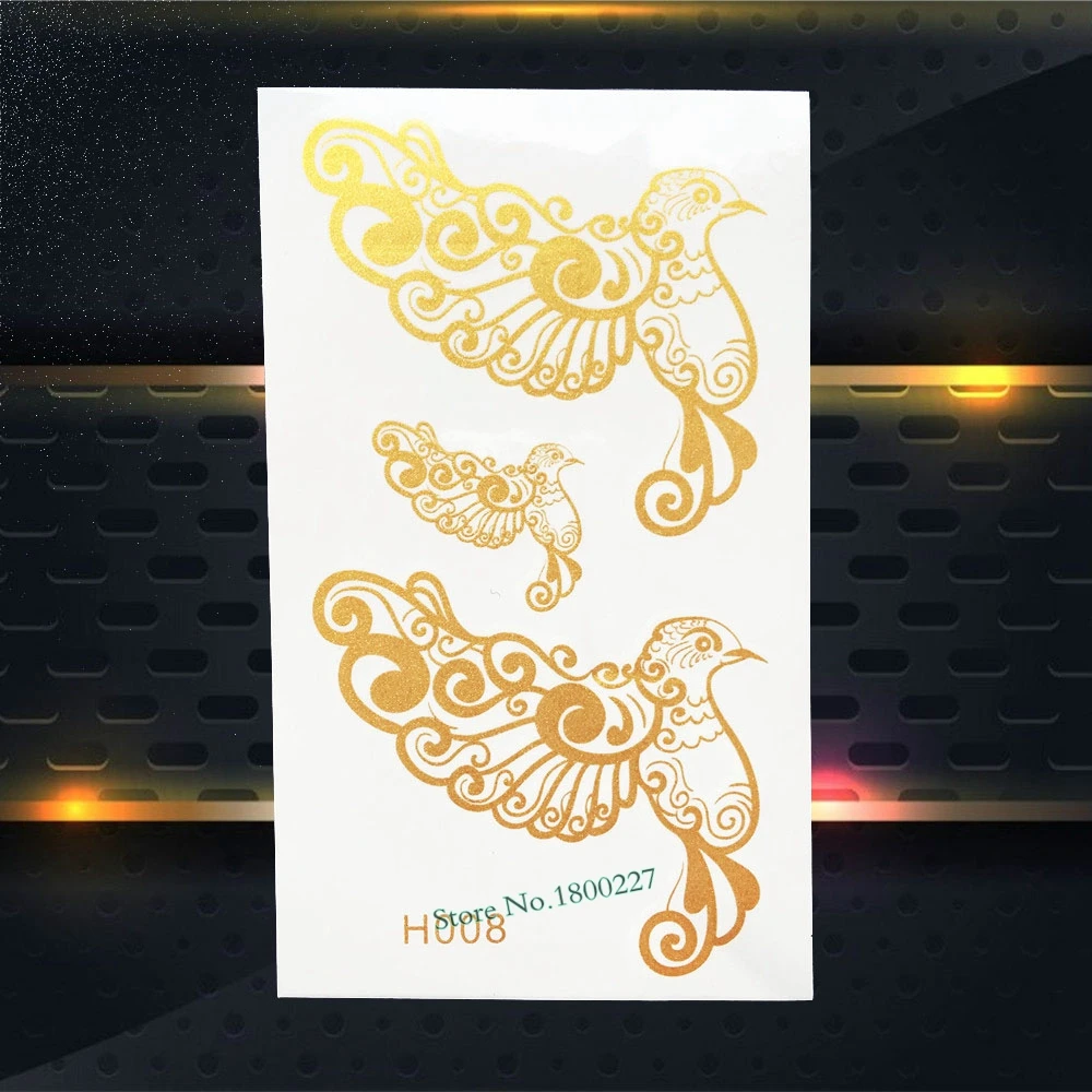043 1 Pc Nouveau Design Femmes Henné Or Flash Tatouage Oiseau Phoenix Fleur Bras Décalcomanies étanche Temporaire Métallique Tatouage Autocollants