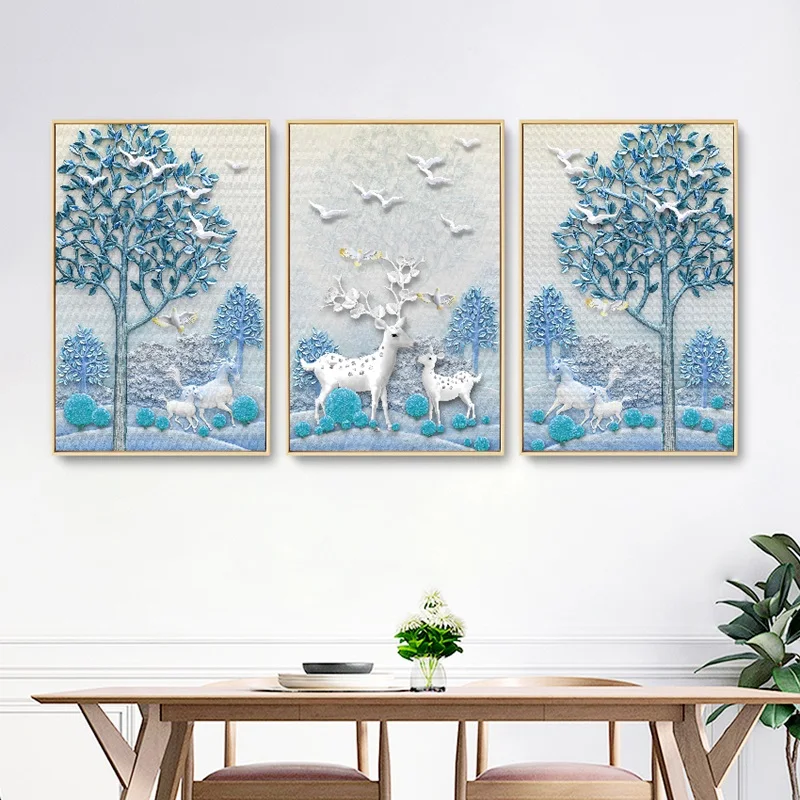 

Nordic Fresh Relief Forest Elk Flying Bird Canvas Pictures Modern Home Decoration Painting Modular Wall Art Poster No Frame