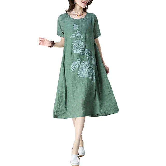 2019 Women Cotton Linen Shift Dress Summer Leaf Print Soft Vintage