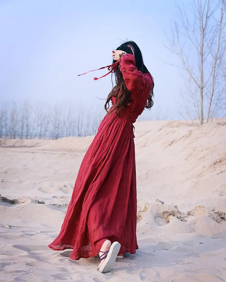 Johnature женское красное платье макси платье летний национальный стиль Свободное красное платье дандаж хлопок лен модное красивое