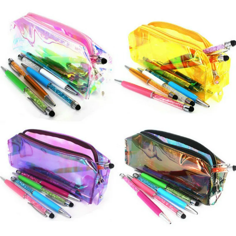 Four Style Fluorescent Pencil Case Shiny PU PencilsBags Kawaii Girl Capacity School Supplies Stationery Cosmetic Bag New