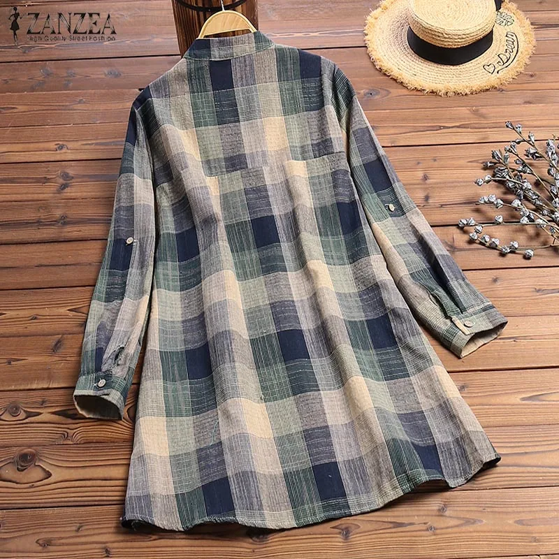 ZANZEA Autumn Vintage Plaid Check Long Shirt Women Long Sleeve Buttons Blouse Tunic Tops Casual Work Blusas Femininas Vestido