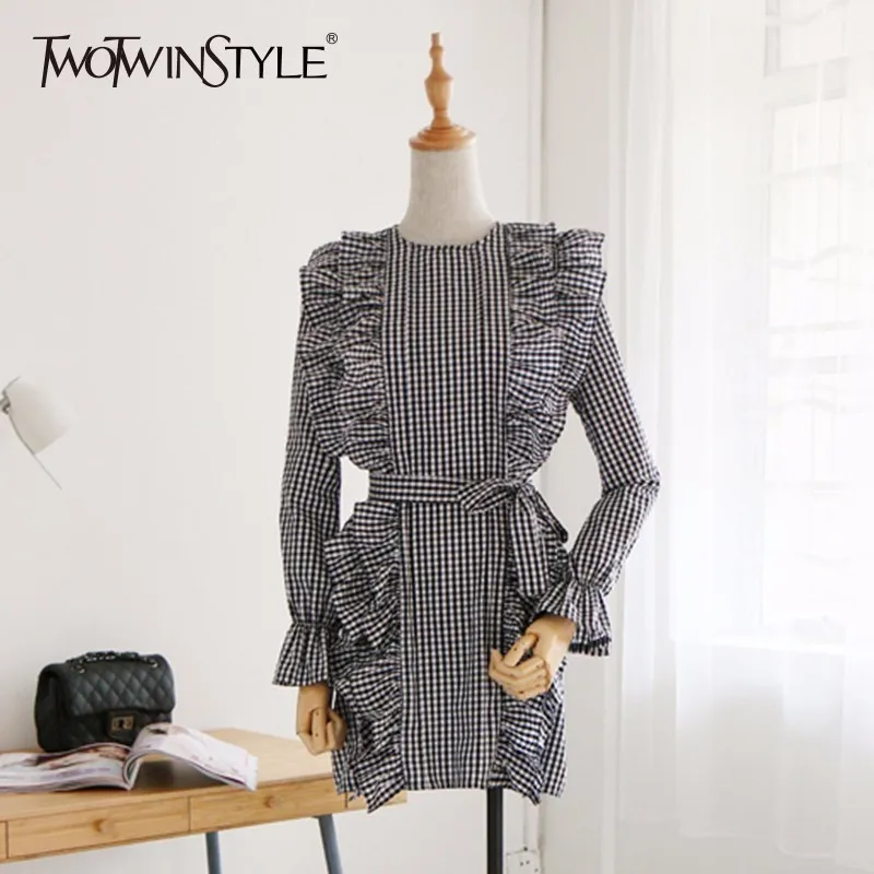 

TWOTWINSTYLE Plaid Tunic Dress For Women Ruffles Lace Up High Waist Flare Sleeve A Line Mini Dresses Female Spring Sweet Clothes
