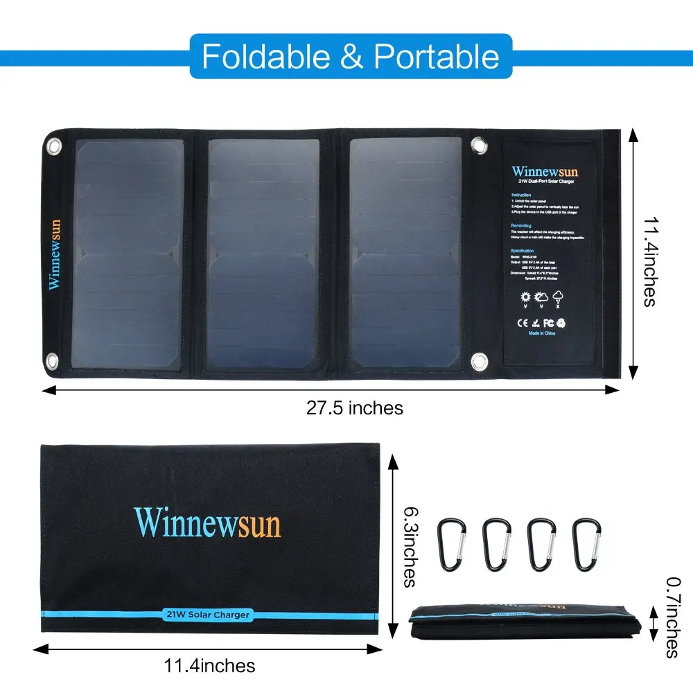 WinnewsunUSB солнечная панель на открытом воздухе 21 Вт портативное солнечное зарядное устройство Панель скалолазание быстрое зарядное устройство поликремний планшет солнечный генератор путешествия