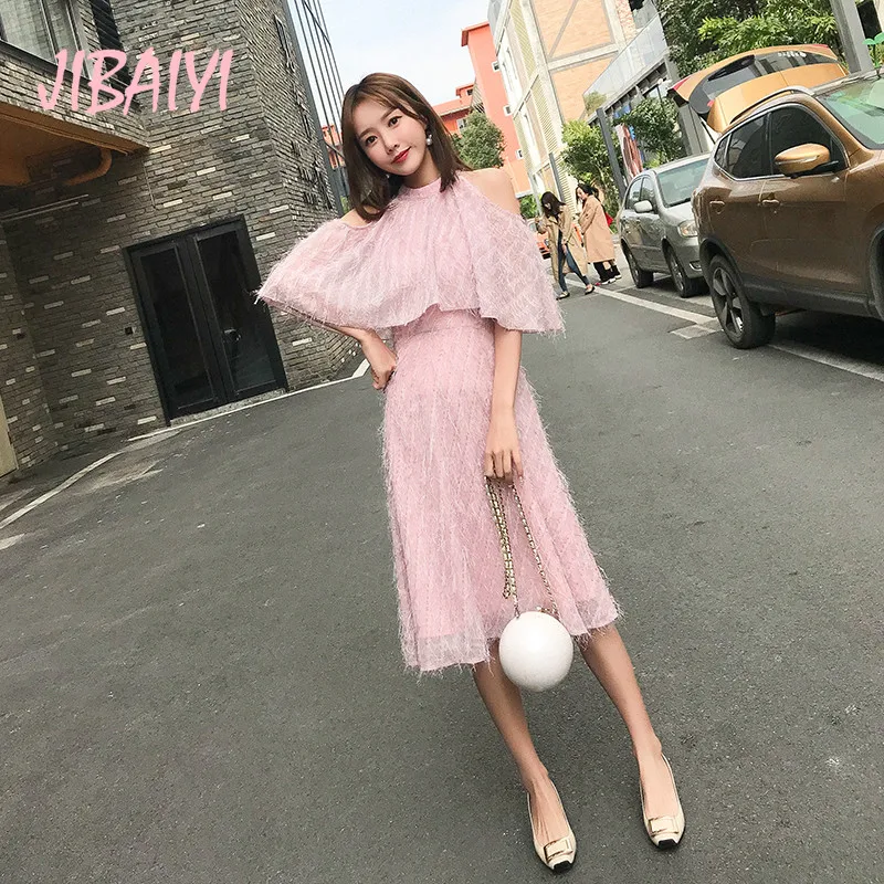 JIBAIYI Elegant Off Shoulder Short Sleeve Women Dress Sexy Pink Tassel Summer Laides Dresses Female Office Vintage Festa Vestido JIBAIYI Elegant Off Shoulder Short Sleeve Women Dress Sexy Pink Tassel Summer Laides Dresses Female Office Vintage Festa Vestido