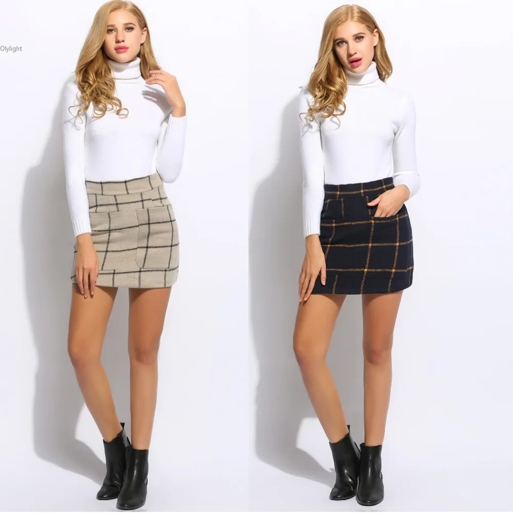 Women Fashion Sexy mini skirt Lady high waisted Plaid Pocket Wool Blend