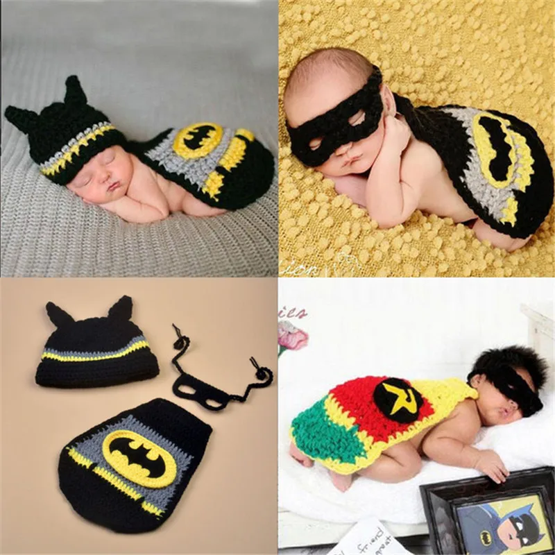 Крючком новорожденных накидка Бэтмена наряд для фотосессий для Подставки для фотографий для маленьких детей «Супергерои» костюм для Хэллоуин для мальчиков и девочек Вязаный костюм