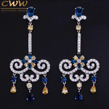 

CWWZircons 2019 European Royal Style Yellow Blue CZ Crystal Long Dangleing Vintage Earrings Luxury Cubic Zirconia Jewelry CZ333