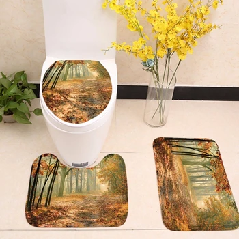 

3pcs Bath Mat Bathroom Carpet 3D Forest Road Pattern Anti-Slip Toilet Rugs Flannel Toilet Seat Cover Set Foot Pad for Home Decor