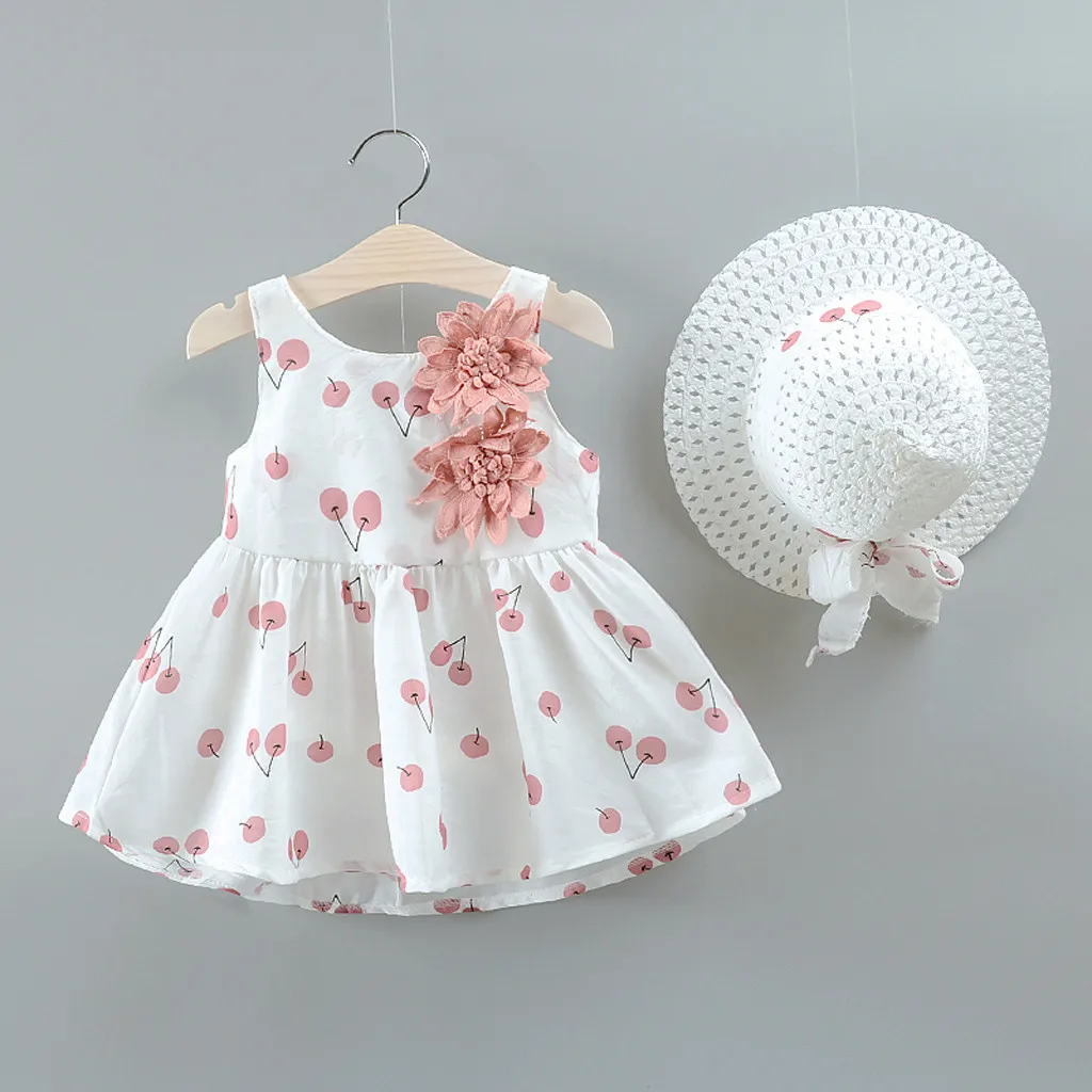Baby Girl Dress Toddler Kid Baby Girl Cherry Printed Princess Dress+Hat ...