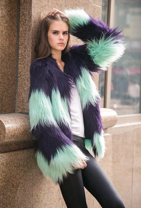 2017 winter women clothing long sleeve patchwork contrast color imitation fur jacket Female fashion warm long faux fur coat (2)