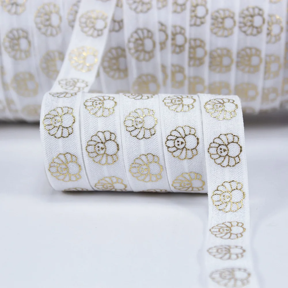 

5/8" (15mm) gold foil turkey printed fold over elastic for Thanksgiving day, 5 ribbon colors for options