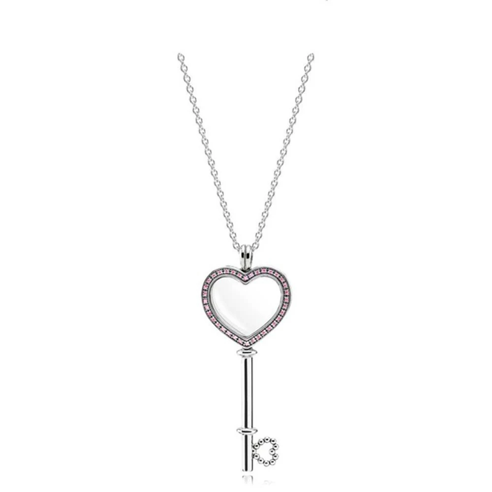 

New 100% 925 Sterling Silver Large Floating Locket Key Necklace fit Brand charm diy Original jewels for Girl gifts logo Jewelry
