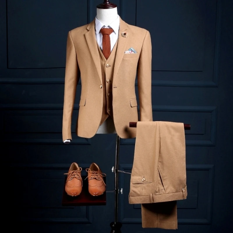 

NA18 New Model Custom One Button Khaki Mans Wedding Formal Wear Suits Tailored Made (Coat+Pants+Vest) Slim Fit Mans Tuxedos