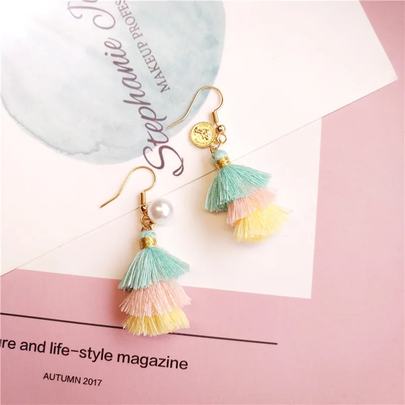 

Korean Style Women Girls Lovely Spring Color Tassels Coin Simulated-pearl Drop Earrings Cute Small Layered Tassel Earrings