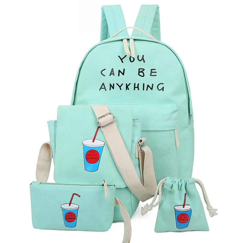 

4 pcs/set Preppy Style Printing Canvas School Backpacks High Quality School Bags for women Rucksack Fashion Travel Bag mochila