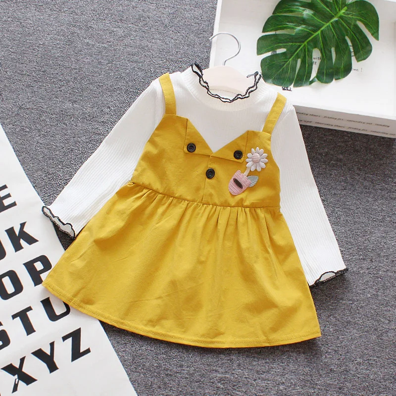 

2018 autumn baby girl dress applique button turtleneck long sleeve thin section 12 month girl clothes girls birthday dress