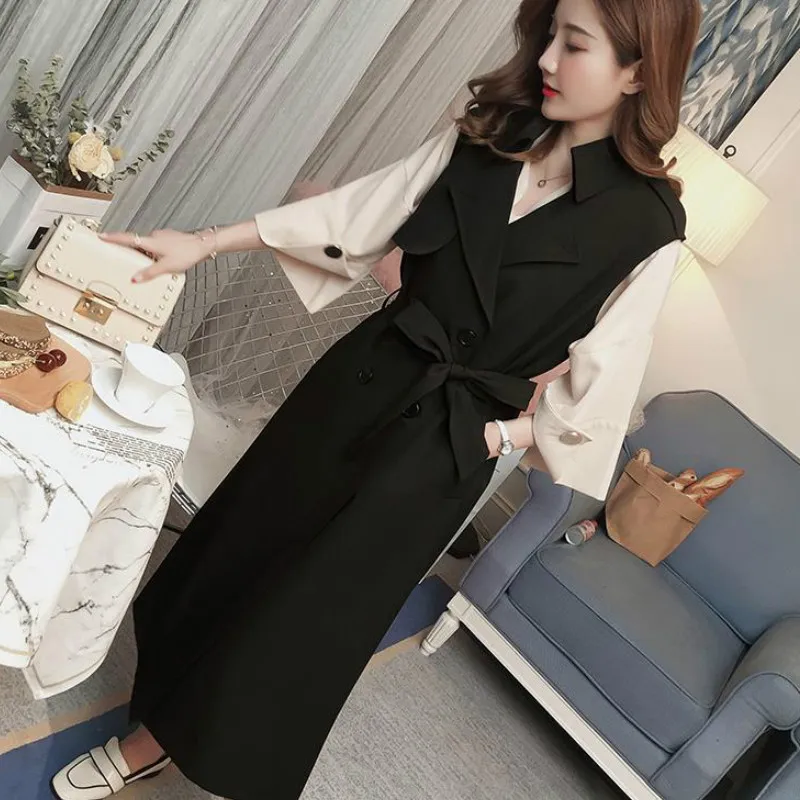 

WQJGR Spring and Autumn 2019 Sleeveless Womens Vest Turn-down Collar Double Breasted Long Vest