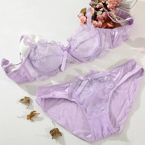 CYHWR женский сексуальный ультра тонкий бюстгальтер с чашечками 3/4, набор прозрачного кружевного цветочного белья с вышивкой, наборы бюстгальтер+ трусы - Цвет: Purple