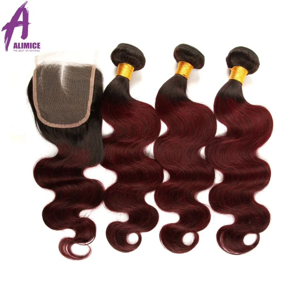 Alimice Hair Ombre Brazilian Body Wave 3 Bundles With Closure 1B99J Ombre Human Hair Bundles With Closure Remy Hair 4PcsLot (2)
