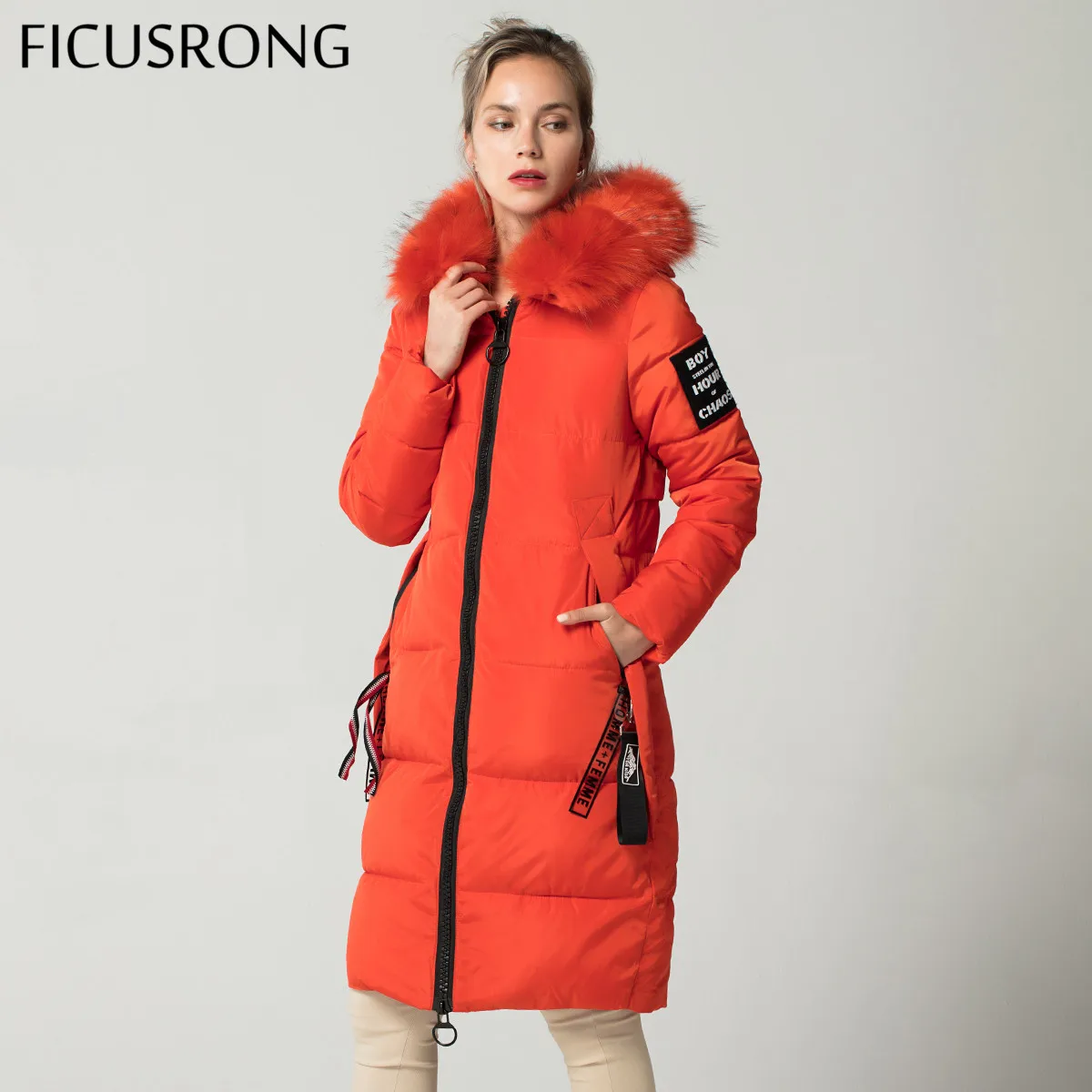 FICUSRONG New Fashionable ORANGE Warm Fur Parkas Long Winter Jacket Women Thicken Slim Female
