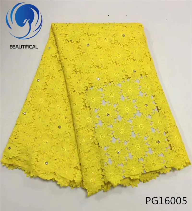 

BEAUTIFICAL guipure lace fabric 2018 african lace yellow nigerian lace fabrics with rhinestones and beads 5 yards/piece PG160