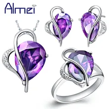 Almei турецкое сердце камни серебристый цвет костюм Ювелирные Наборы Королевский кристалл серьги и ожерелье кольцо набор для женщин Allibaba T072