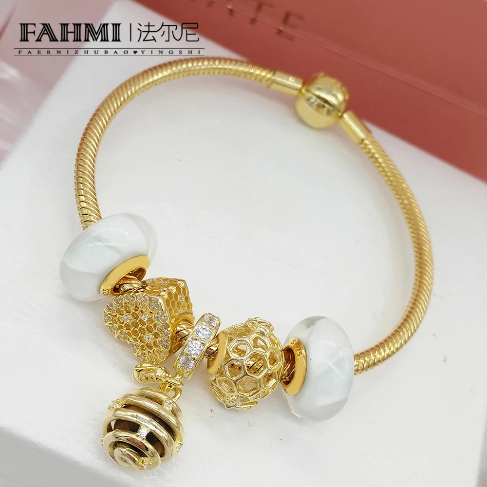 

FAHMI 100% 925 Sterling Silver SHINE HONEYBEE CHAR HONEYCOMB LACE CHARM SHINE QUEEN BEE PENDANT 18K Gold Sweet Bracelet Set