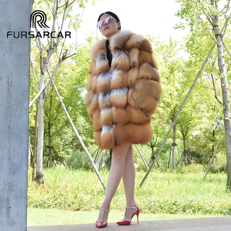 

FURSARCAR Women 80 CM Long Real Fur Coats With Fur Collar 2018 Winter Female Fur Coat Luxury New Genuine Gold Fox Fur Jacket
