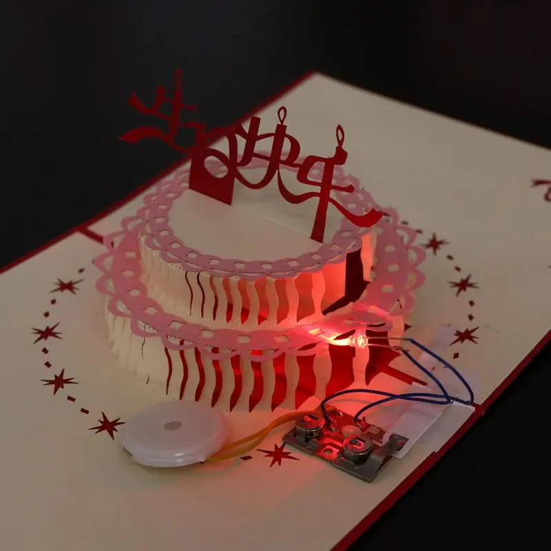 3D Pop Up поздравительная открытка с днем рождения торт Музыка Светодиодный открытка с конвертом