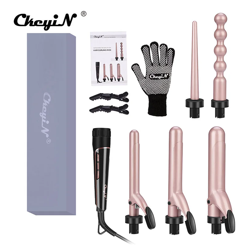 Pro 5 Part Interchangeable Hair Curling Iron Wand Machine LCD 9-32MM Ceramic Hair Curler Roller Heat Resistant Glove Styling Set