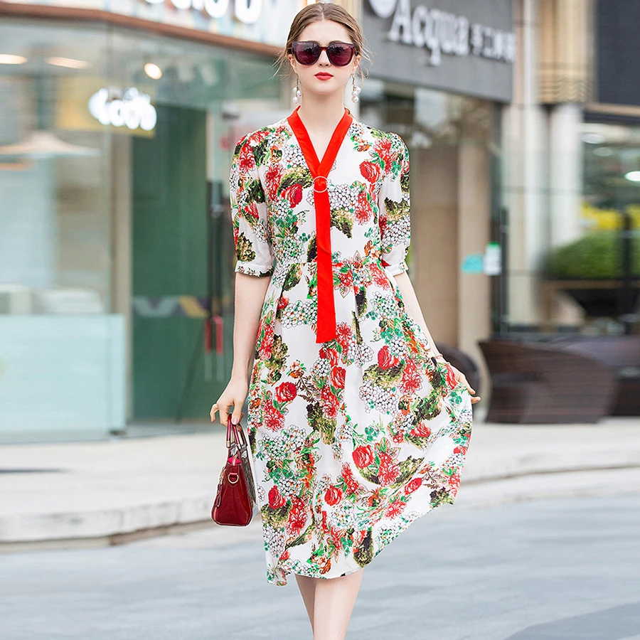 

VERDEJULIAY Runway 100% Silk Dress Women 2019 Summer Designer Pearls Flower Print Knee-Length Loose Elegant Dress Vestidos