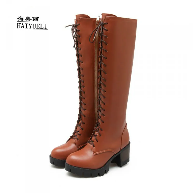 

The New Knight Boots Fashion Lace-up Knee-high Boots Thick Heel Autumn Winter Boots